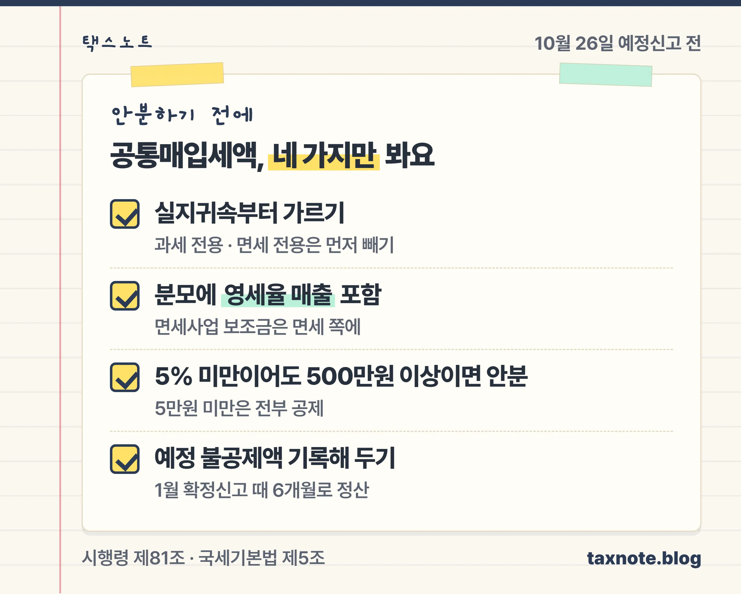 10월 부가세 예정신고 전 공통매입세액 체크리스트: 실지귀속 먼저 가르기, 분모에 영세율 포함, 5% 미만이어도 500만원 이상이면 안분, 1월 확정신고 때 6개월 비율로 정산