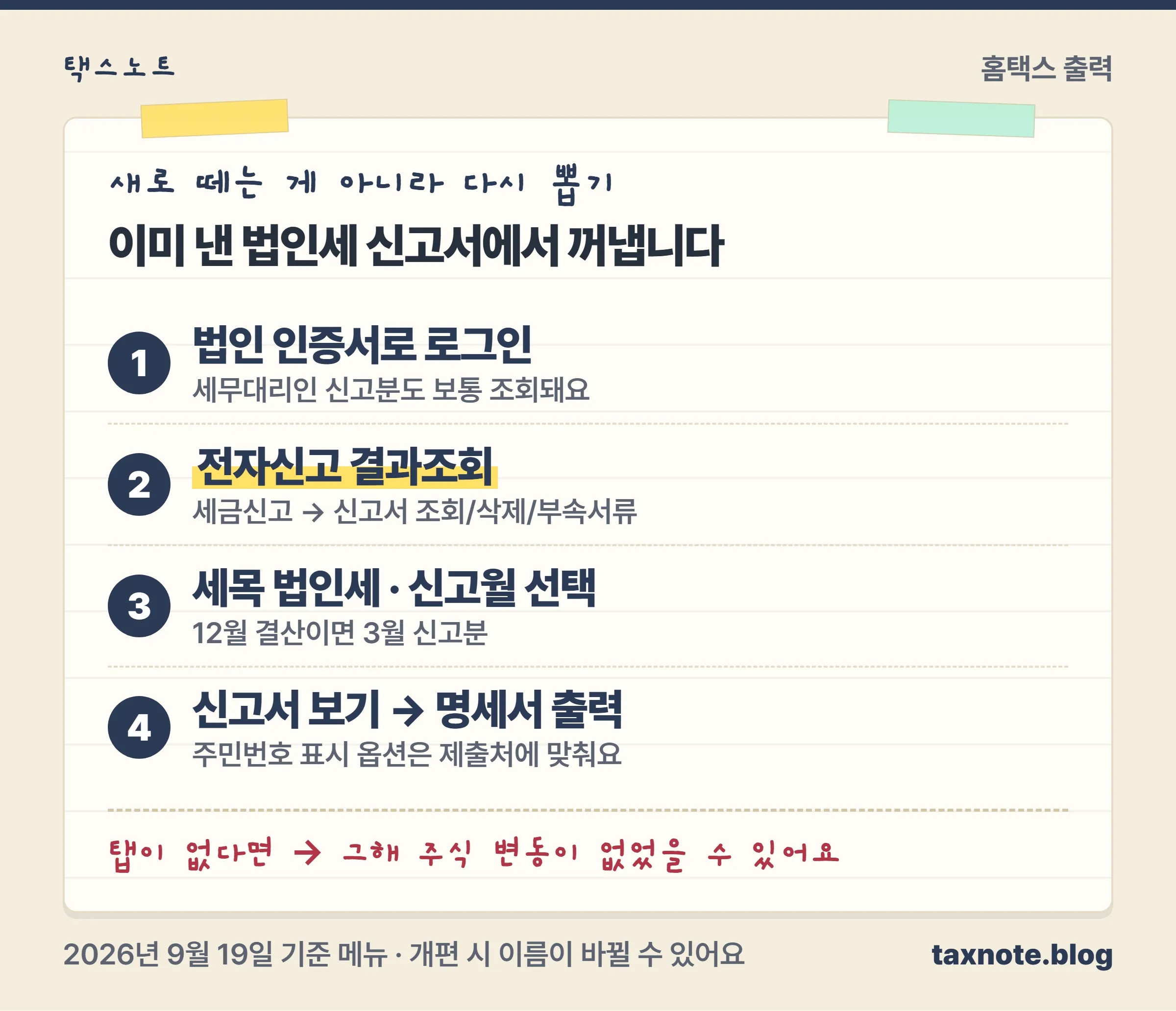 홈택스에서 법인세 전자신고 결과를 조회해 주식등변동상황명세서를 출력하는 순서를 정리한 노트
