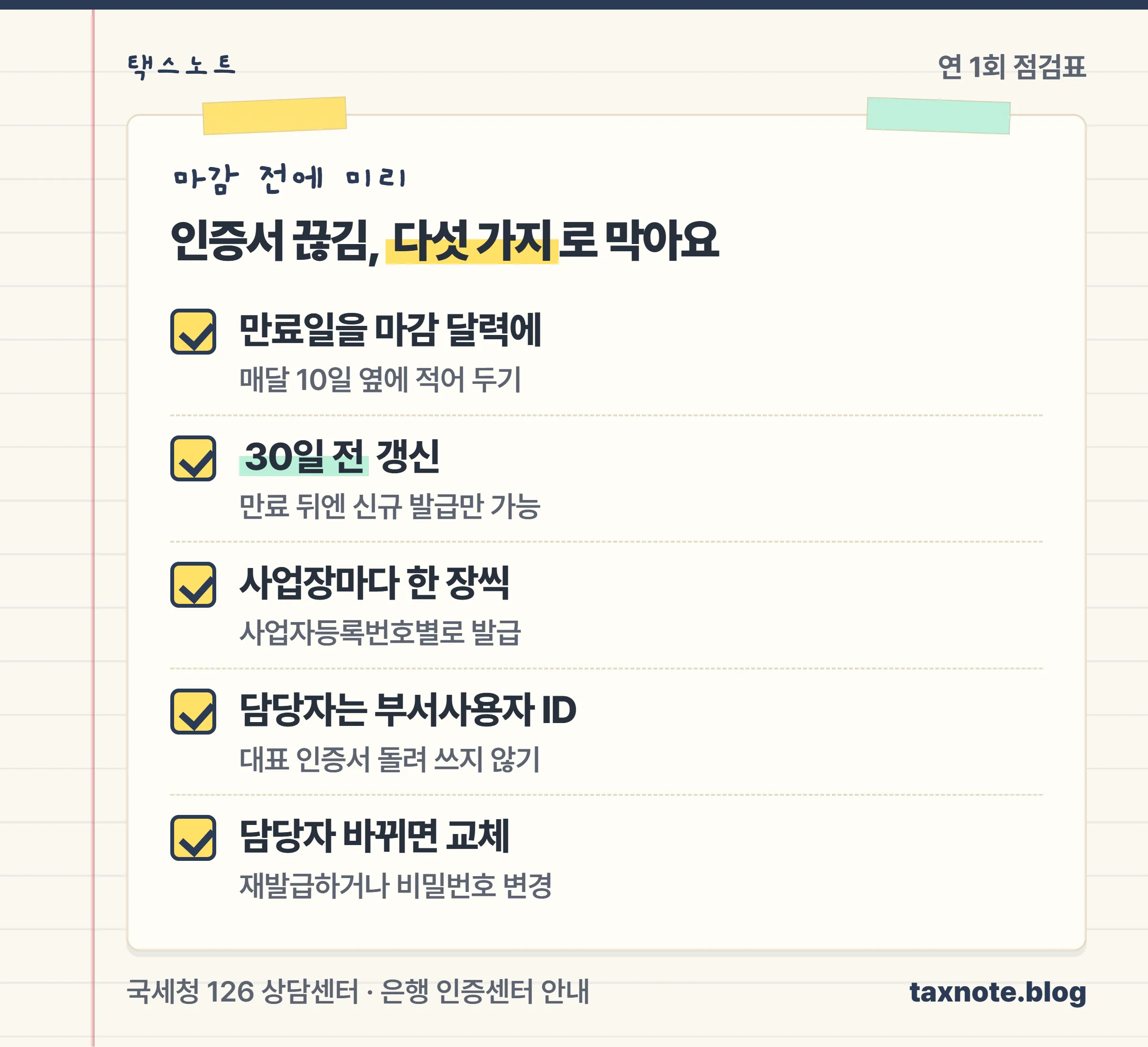 인증서 끊김을 막는 점검 다섯 가지: 만료일 달력 기록, 30일 전 갱신, 사업장별 인증서, 부서사용자 ID, 퇴사 때 비밀번호 교체