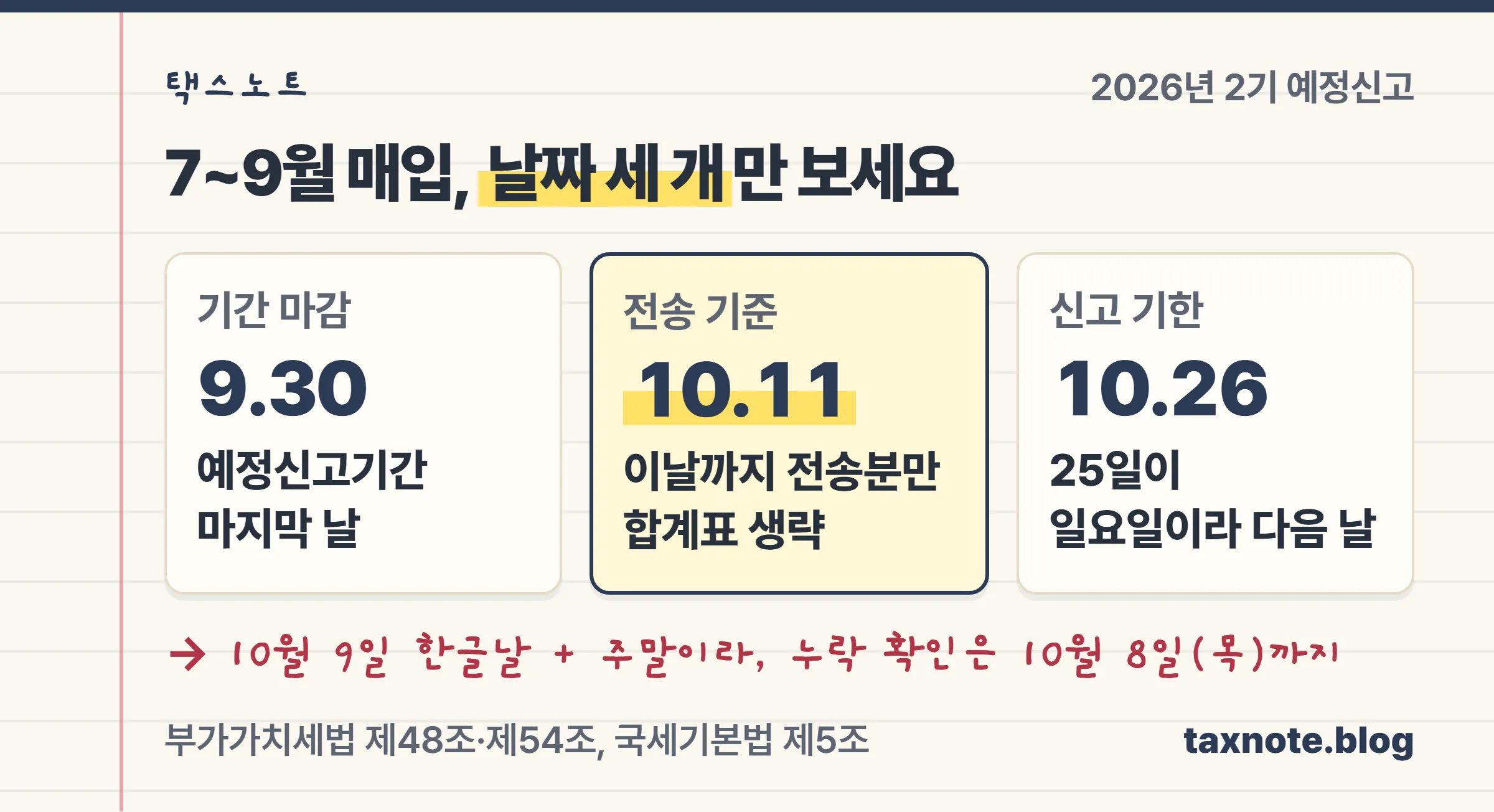 2026년 2기 예정신고 매입 세금계산서 날짜 세 개: 9월 30일, 10월 11일, 10월 26일
