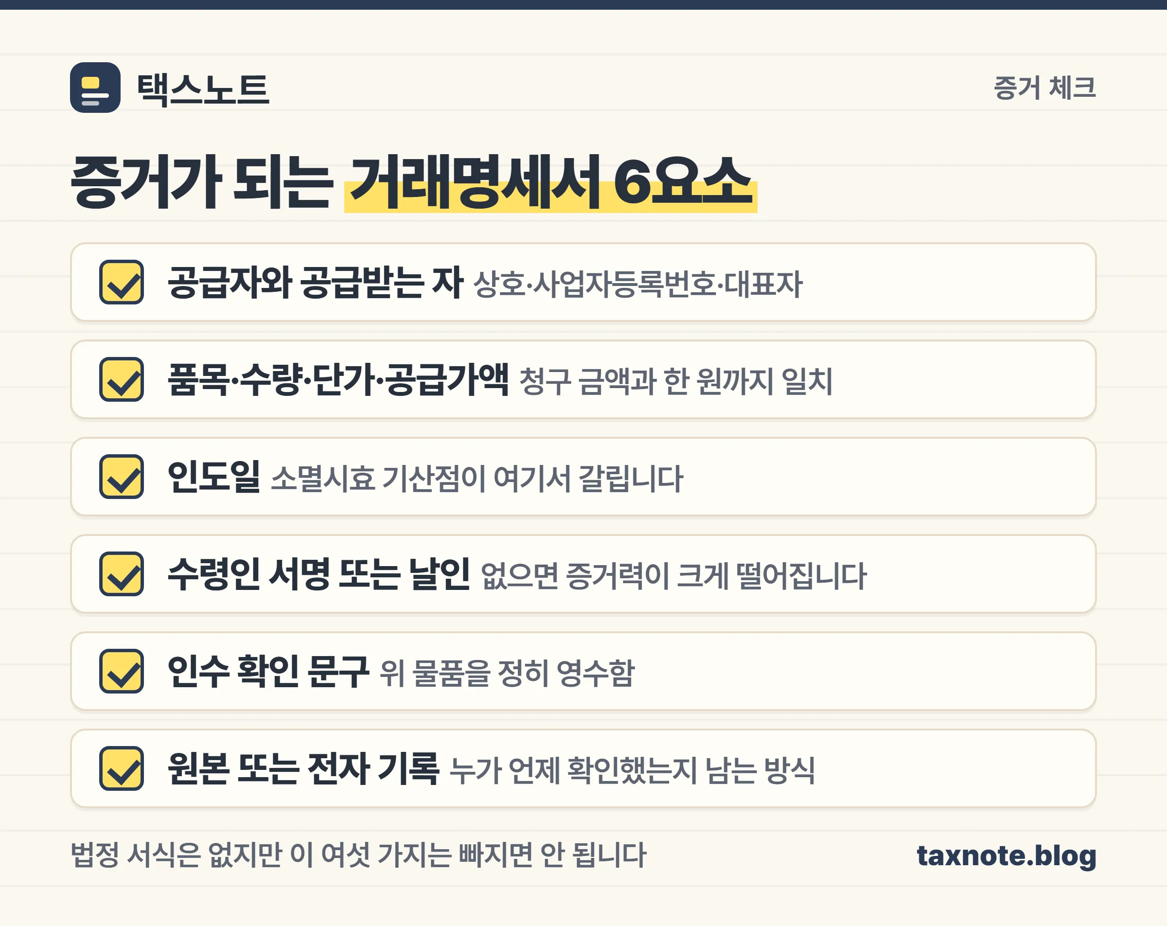 거래명세서가 증거로 쓰이려면 갖춰야 할 여섯 가지 항목 체크리스트