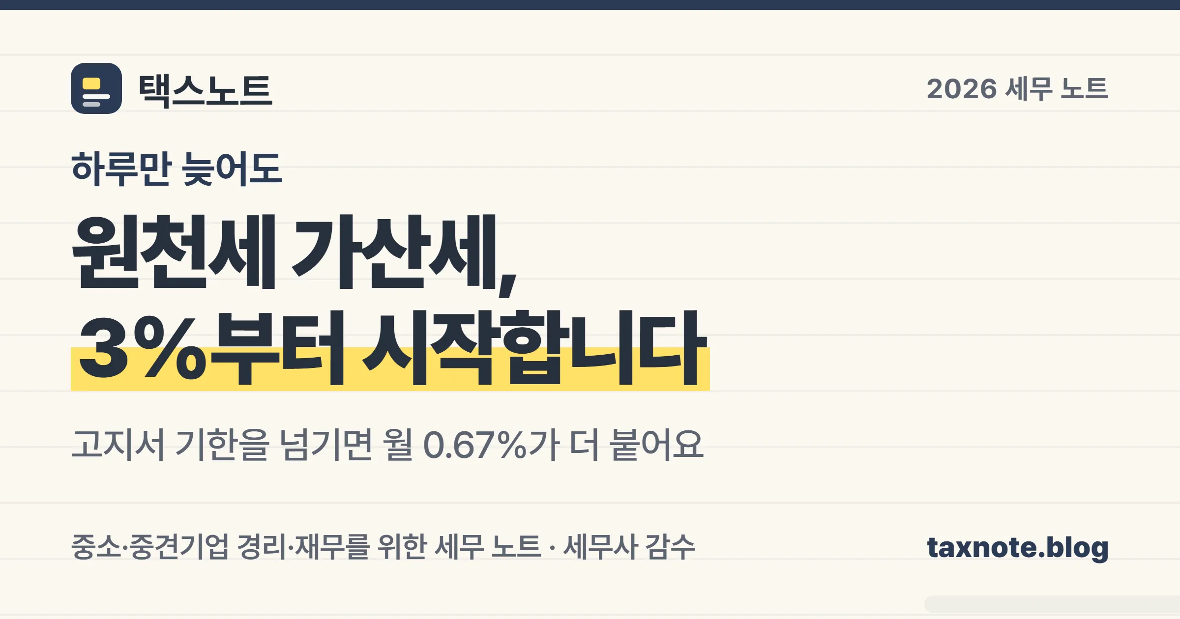원천세 가산세는 하루만 늦어도 3퍼센트부터 시작하고 고지서 기한을 넘기면 월 0.67퍼센트가 더 붙는다는 세무 노트